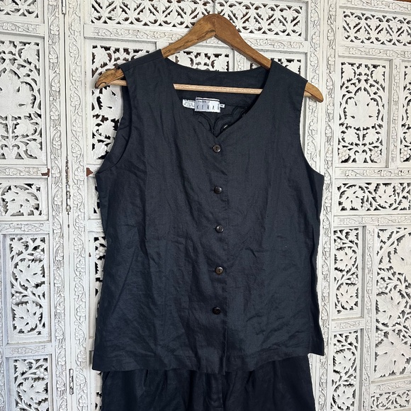 Vintage Kenar Black 100% Linen Button Up Vest & Shorts Set Sz Small - Picture 2 of 6